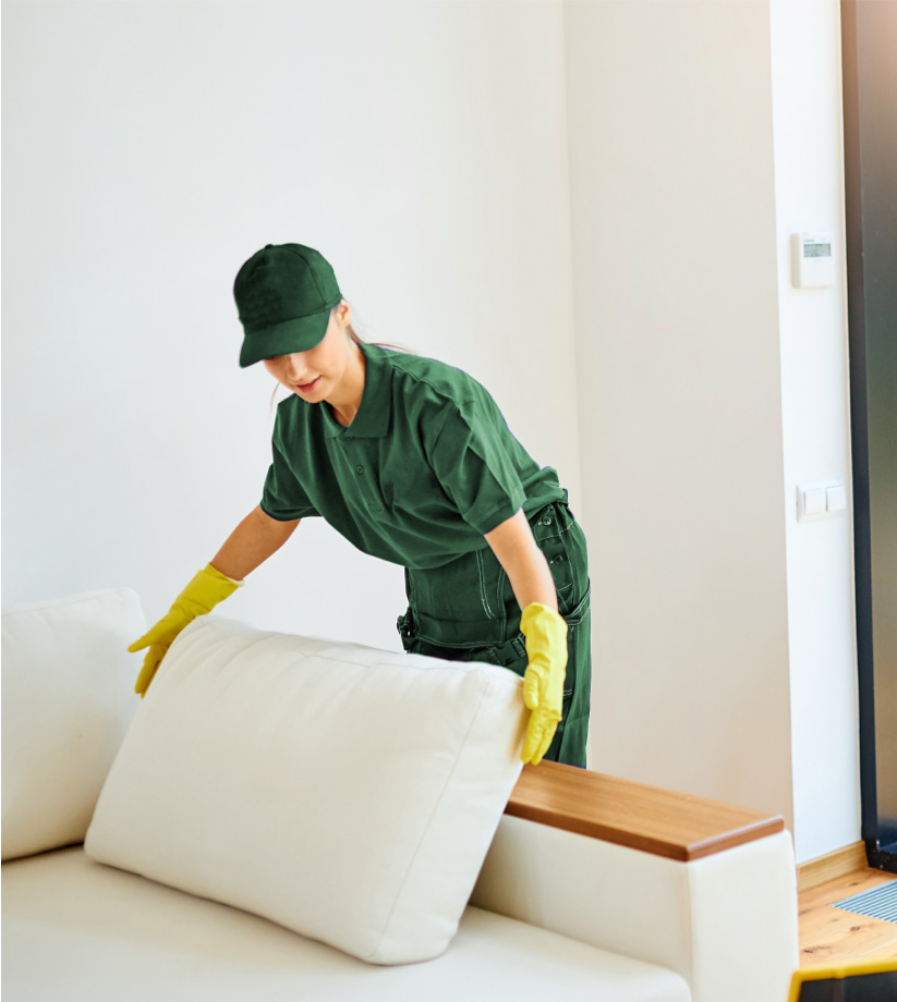 Frau in grüner Uniform bewegt Kissen