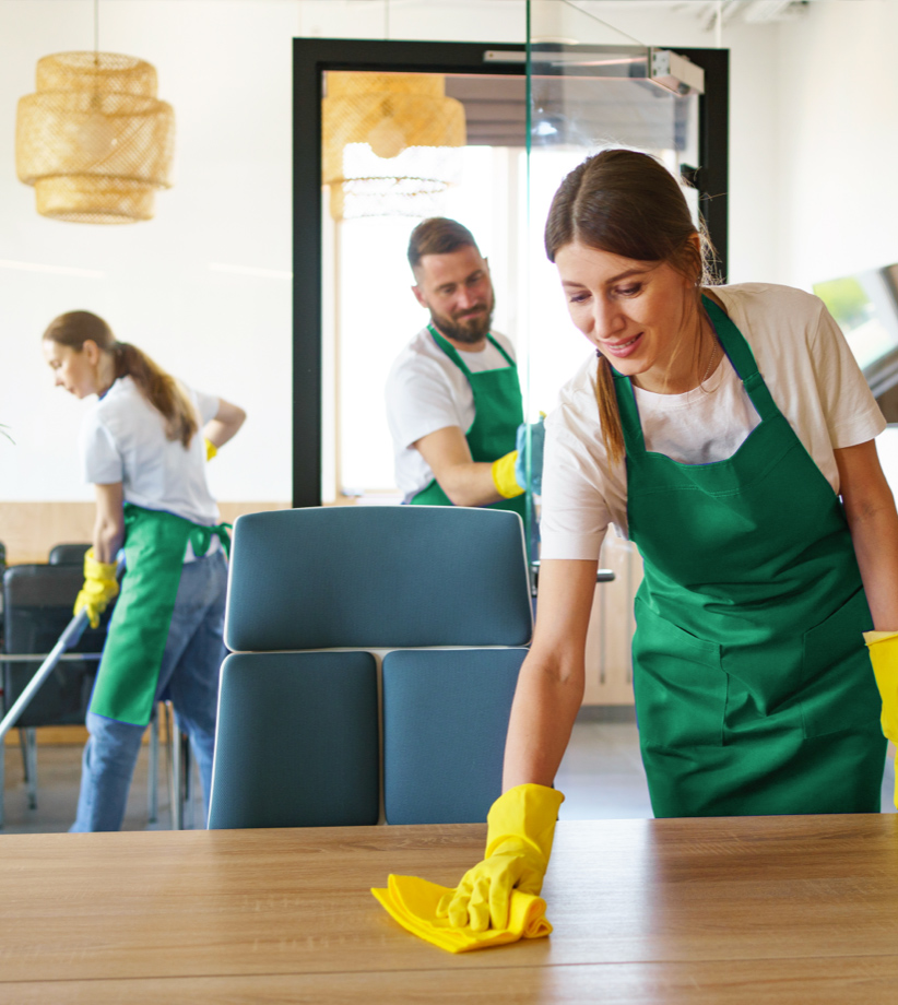 Reinigungsteam bei der Arbeit im Büro.